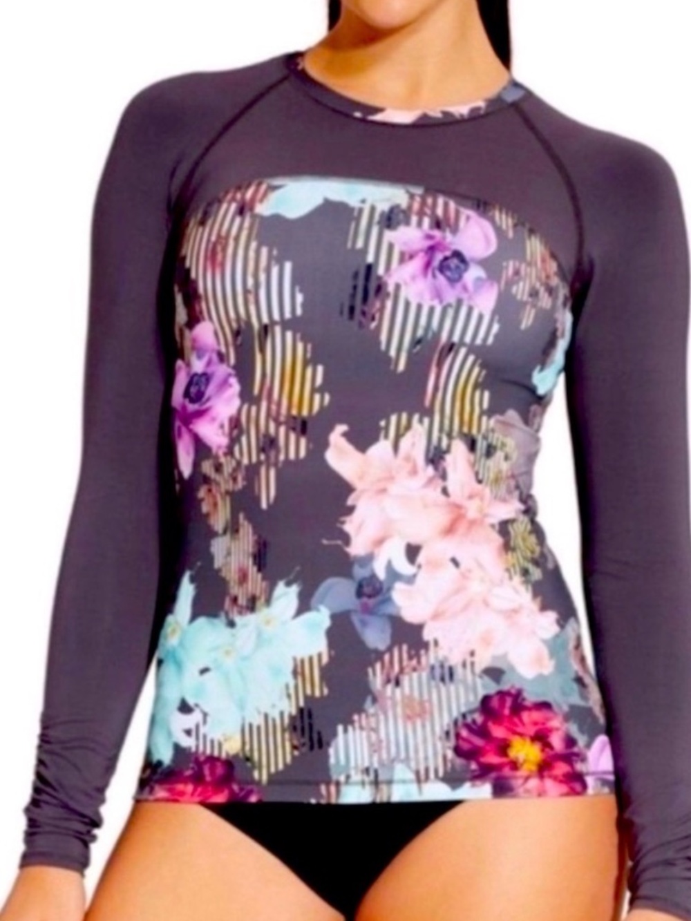 Floral Long-Sleeve Rash Guard Swim Top - Charcoal Floral